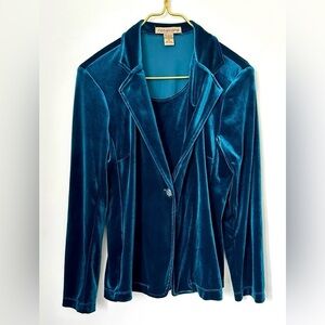Vintage Notations Teal Blue Soft Velour Layered Look Blouse Top Women’s Medium